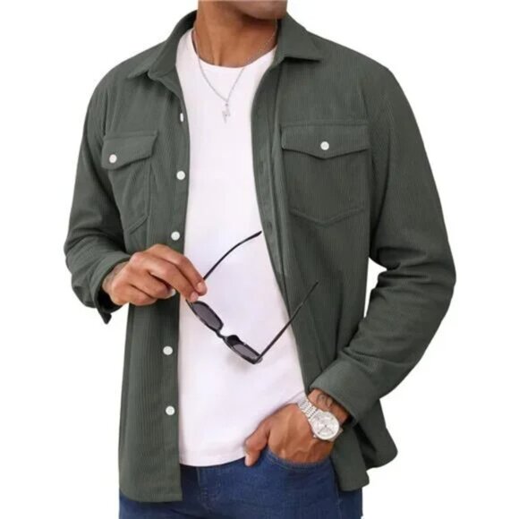 Drawstring Button Up Hooded Ribbed Shacket with Flap Pockets main image 1